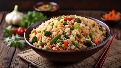 Close up view of delicious fried rice. Spicy asian or chinese traditional food close up view. 