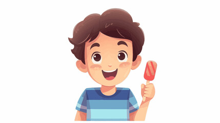 copy space, vector illustration, young kid eating a colorful popsicle-. Summer treat, Fruity ice cream sorbet on a stick. Summer theme. Kid enjoying a refreshing pipsicle. Design for advertisement, po