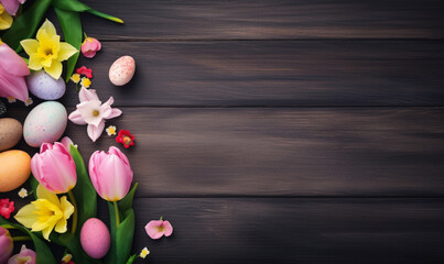 Easter Presentation Background. Top Down View Brown Wood Table