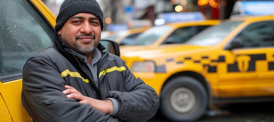 Bearded taxi driver with crossed arms, smiling at camera in front of cab with copy space