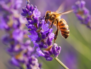 Fototapeta premium Honey bee pollinates lavender flowers, sunny lavender. Lavender flowers in field. Soft focus