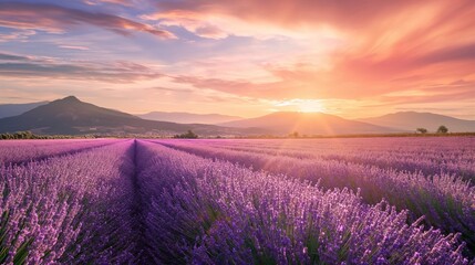 Fototapeta premium Wonderful scenery, amazing summer landscape of blooming lavender flowers, peaceful sunset view