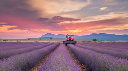 Naklejka premium View of Tractor harvesting field of lavender