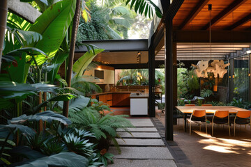 Fototapeta na wymiar a mini house with big tropical garden and a mini pool