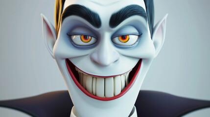 A charming and friendly 3D illustration of a beaming vampire, with his fangs peeking through a playful grin. This close-up portrait showcases his pale complexion, pointy ears, and expressive