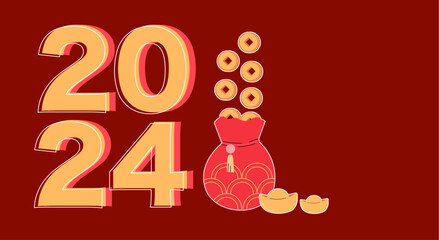 Ancient old gold traditional Chinese coin with a square hole and Gold ingot Yuan Bao. Banner with Yuan Coins in the red money bag. Decoration elements for Chinese New Year 2024. 