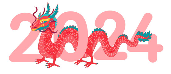 Obraz premium Dragon Lunar New Year 2024 illustration on white background. Chinese New Year elements. Chinese zodiac Dragon. Symbol of Good Fortune. Vibrant Celebrations New Year Clip Art.