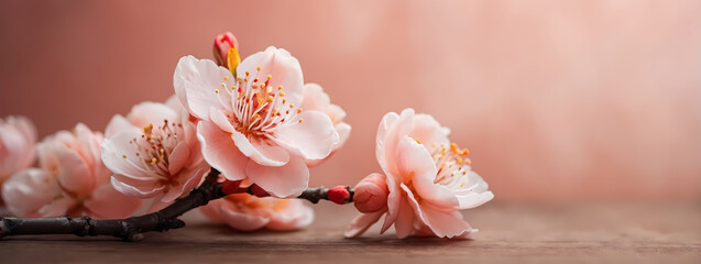 Peach blossom with copy space. Delicate peach blossom on a soft coral background with space for text. 