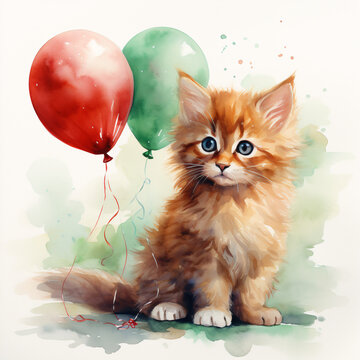 Joli petit chaton avec des ballons illustrée à l'aquarelle