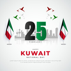 Kuwait National Day Post and Greeting Card. 25th February - National Day of Kuwait Celebration Flyer and Background with Text and Skyline Vector Illustration