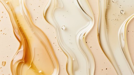 Composition with different samples smear of transparent gel or cream serums. Beauty product swatches on pastel background