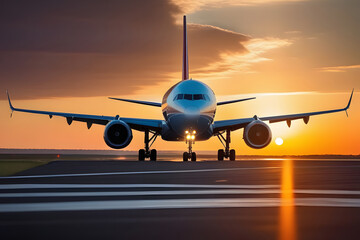 Commercial airplane taking off into the sunset from an airport runway.