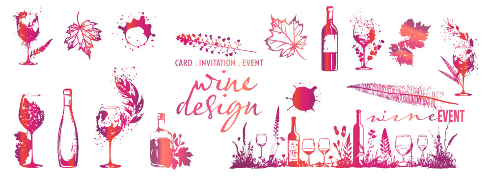 Colorful wine designs - Collection of wine glasses. Sketch vector illustration. Elements for invitation cards, advertising banners and menus. Wine glasses with splashing wine and plants.