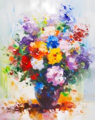 classic and detailed flower in jar painting with bright blue and yellow for wall art , wallpaper and background