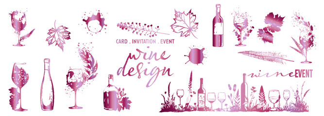 Colorful wine designs - Collection of wine glasses. Sketch vector illustration. Elements for invitation cards, advertising banners and menus. Wine glasses with splashing wine and plants.