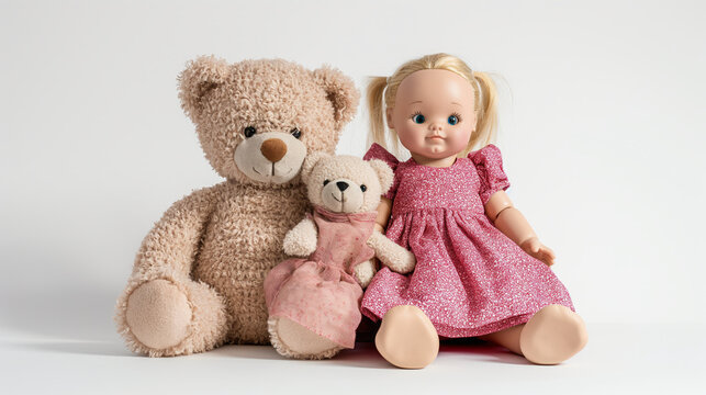 Cheerful and vibrant images of a teddy bear and doll in a studio photoshoot