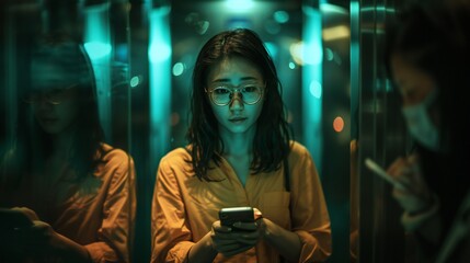 A woman nervously clutching her phone in a crowded elevator, the stifling silence amplifying her social anxiety.