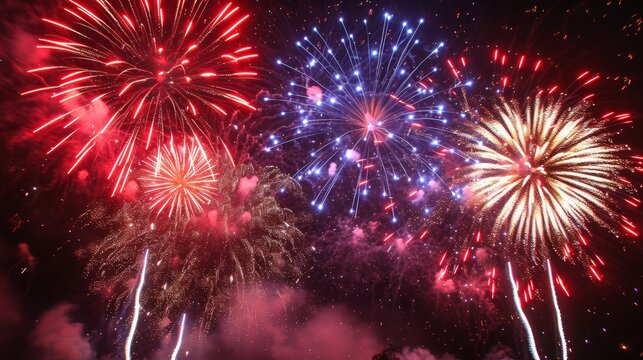 A patriotic explosion of red, white, and blue fireworks lighting up the Independence Day sky