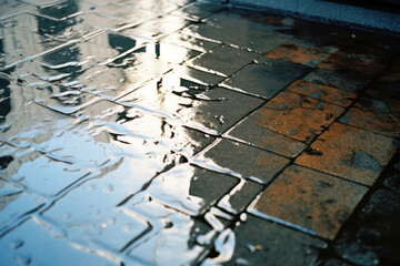 Raindrops Transforming Urban Streets: Wandering Refractions on Dark Pavement, Reflecting the Blue City Lights