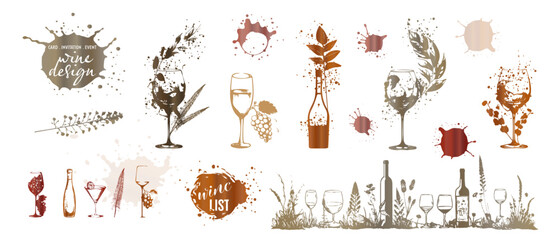 Obraz premium Colorful wine designs - Collection of wine glasses. Sketch vector illustration. Elements for invitation cards, advertising banners and menus. Wine glasses with splashing wine and plants.
