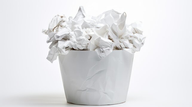 A bucket of crumpled paper balls on white background