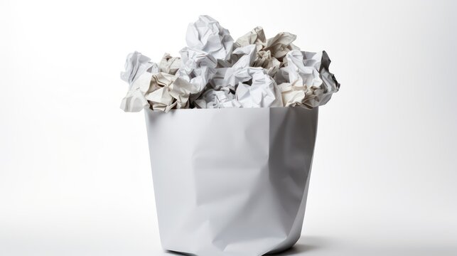 A bucket of crumpled paper balls on white background