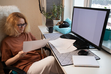 Freelance work, woman at her desk with a dog, online business, Home office
