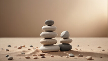 Two pyramids of pebbles of different colors and textures on a light beige background. Meditation...