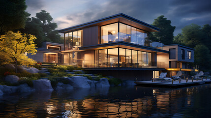 Fototapeta na wymiar 3D rendering of modern house by the river at evening