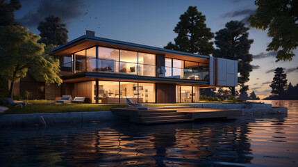 Fototapeta na wymiar 3D rendering of modern house by the river at evening