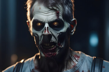 Close up of a creepy looking zombie with glowing yellow eyes and blood on its face and mouth - obrazy, fototapety, plakaty