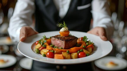 Waiter skillfully balancing plates of succulent meat dishes at festive event or wedding reception.