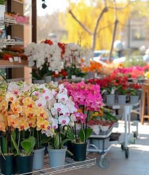 a small crazy style store, by the corner on the racks with different orchid flowers