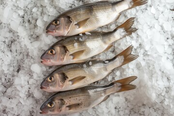 A whole fresh raw saltwater fish on ice in the showcase. Seafood delicacies