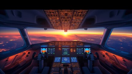 Evening flight  pilot in cockpit of civil airplane, control panel, and dashboard. - obrazy, fototapety, plakaty