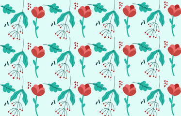 Fototapeta na wymiar Seamless modern abstract floral pattern illustration for Fabric, Textile, Wallpaper, wall decor, Packaging design, Wrapping Paper, Wallpaper, Background. Red flowers on tropical green Background