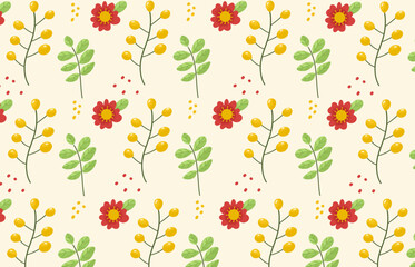 Seamless Wild Spring Pattern for Fabric, Textile, Wallpaper, and Design Projects. Yellow and Red Spring flowers on Yellow Background