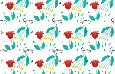 Seamless abstract floral pattern illustration for Fabric, Textile, Wallpaper, wall decor, Packaging design, Wrapping Paper, Wallpaper, Background. Yellow and Red Spring flowers on Pink Background