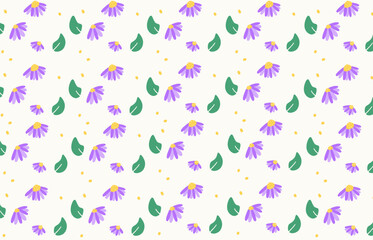 Seamless simple daisy floral pattern for Fabric, Textile, Wallpaper, wall decor, Packaging design, Wrapping Paper, Wallpaper, Background. Simple Purple Daisy flowers and leaves on white background