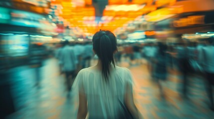A woman with social anxiety blends into the blurred background of a bustling event, her presence barely noticeable amidst the lively chaos.