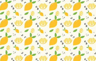 Seamless fruit pattern with lemons and leaves background for wallpaper, fabric prints, decorative wrapping paper, banners, tablecloths, or backdrops for events with a fresh and vibrant theme. Slices o