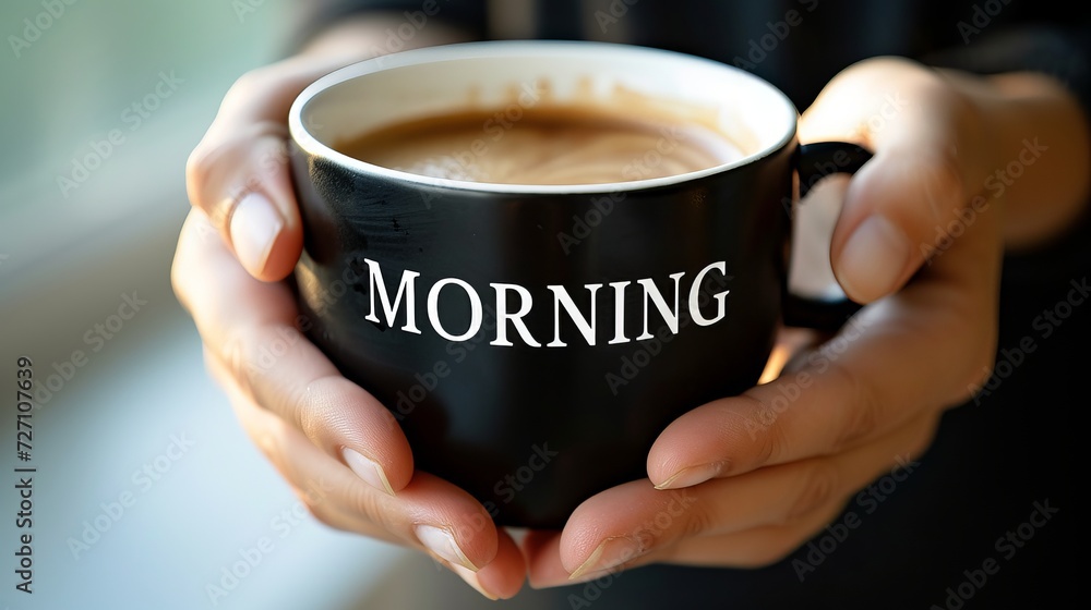 Wall mural joyful morning hands holding coffee cup with morning text, symbolizing a happy start to the day.