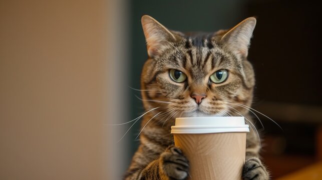 Close up of a cute cat holding an empty coffee to go paper cup in hand, isolated on white background