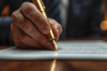 Businessman Use Elegant Pen to Signing Contract or Document extreme closeup. Generative AI
