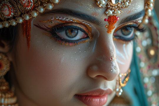 Happy Navrati Concept. Beautiful Woman as Mythological Durga During Navrati Festival India extreme closeup. Generative AI