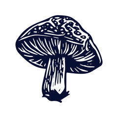 Fototapeta premium Handmade blockprint mushroom vector motif clipart in folkart scandi style. Simple monochrome linocut fungi shapes with naive rural lineart.