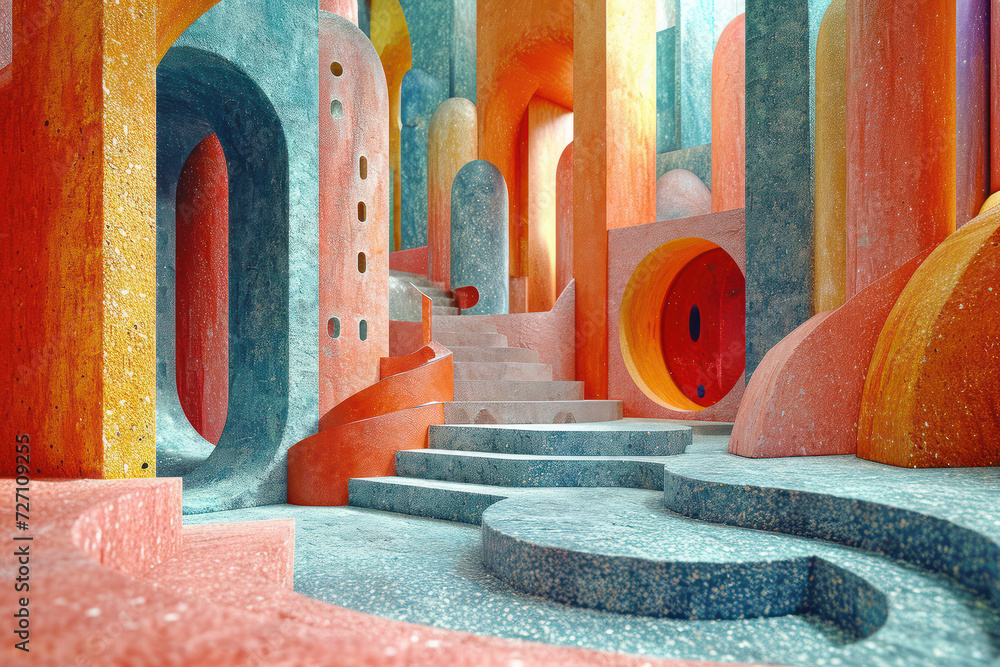Aufkleber multicolored abstract interior of a room with walls, stairs and openings in the form of geometric sh