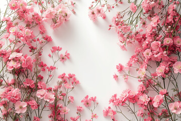 A delicate pink flower blooms against a white background