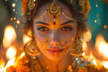 Happy Holika Dahan Concept. Beautiful Woman as Mythological Holika During Holika Dahan Festival India extreme closeup. Generative AI