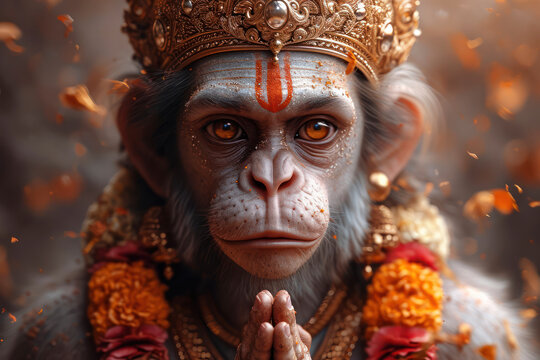 Happy Hanuman Jayanti Concept. Hindu God Hanuman extreme closeup. Generative AI